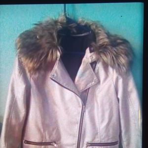Silver pleather and fur motorcycle jacket